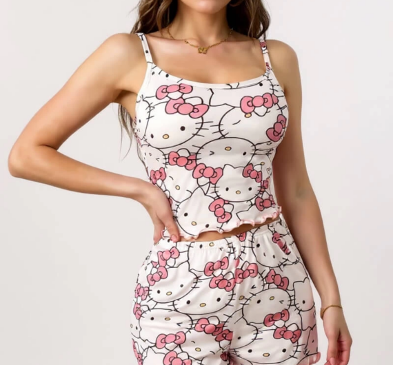 Hello Kitty Baskılı Askılı Şortlu Pijama Takımı