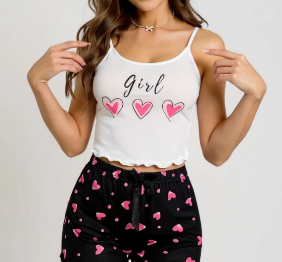Kalp Desenli Askılı Şortlu Pijama Takımı