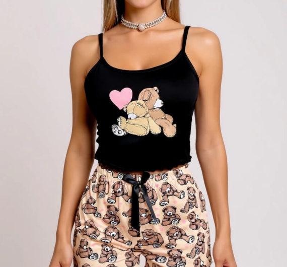 Renkli Ayıcık Desenli Askılı Şortlu Kadın Pijama Takımı