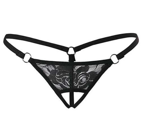 Siyah Dantelli Özel Bölgesi Açık G-String TM1167