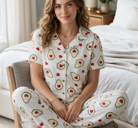 Avokado Desenli Kısa Kollu Gömlek Yaka Milan Kumaş Kadın Pijama Takımı
