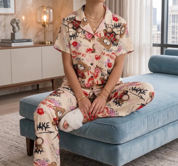 Ekru Ayıcık Desenli Kısa Kollu Gömlek Yaka Milan Kumaş Kadın Pijama Takımı