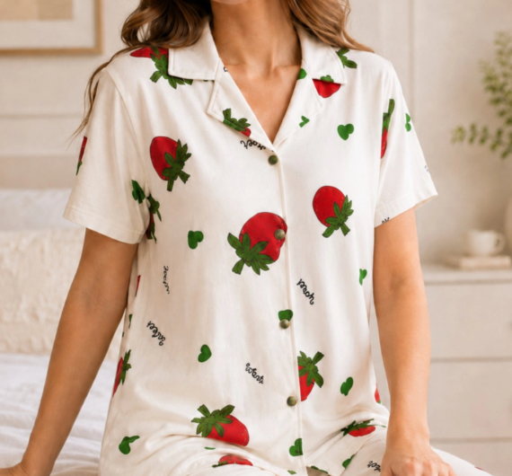 Ekru Çilek Desenli Kısa Kollu Gömlek Yaka Milan Kumaş Kadın Pijama Takımı