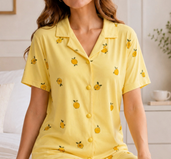 Sarı Limon Desenli Kısa Kollu Gömlek Yaka Milan Kumaş Kadın Pijama Takımı